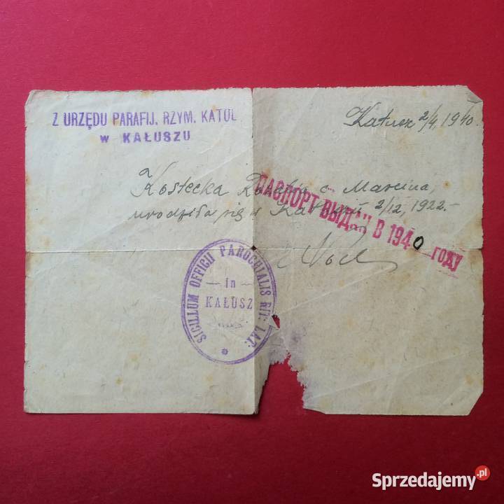 1393 Dokument Parafii Szczecin sprzedam