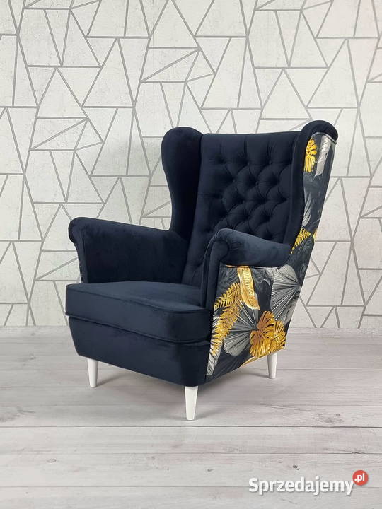 Fotel Uszak Chesterfield Dwukolorowy Monstera Tarchały Małe