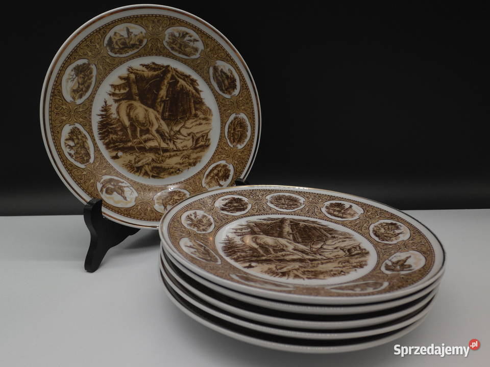 Talerzyki deserowe 6 z motywem myśliwskim VEB Raszków