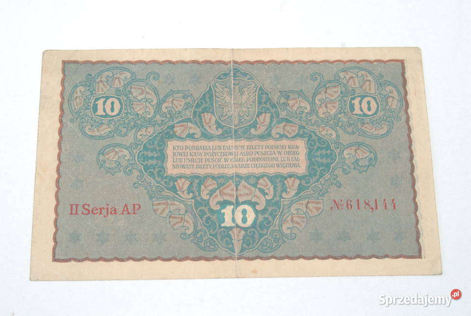 Stary banknot 10 marek Polskich 23 Sierpnia 1919 Numizmatyka Cieszyn