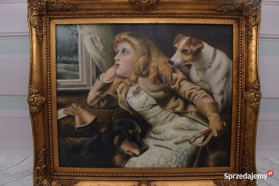 Portret Dziewczynki z PIESKAMI PIES Obraz Olejny małopolskie Kraków sprzedam