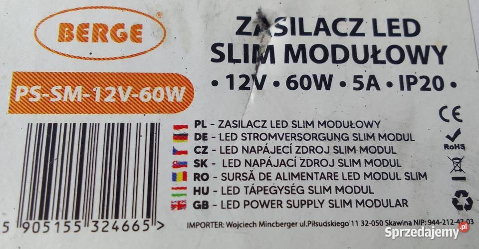 Zasilacz LED modułowy Slim 12V 60W 5A IP20 BERGE Rewal