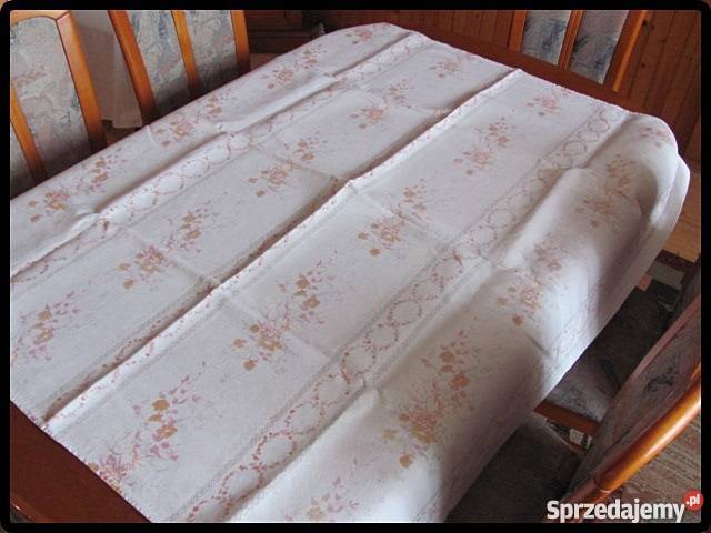Biały lniany obrus wzór kwiatowy 124 x 142 sprzedam