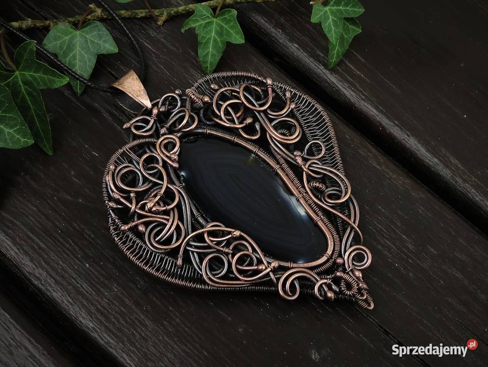 Zjawiskowy miedziany wisior czarny agat Kraków