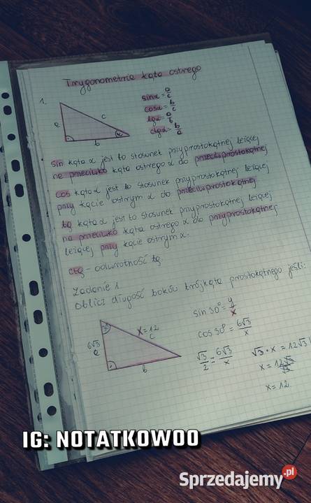 Zestaw notatek matematyka trygonometria kąta Warszawa sprzedam
