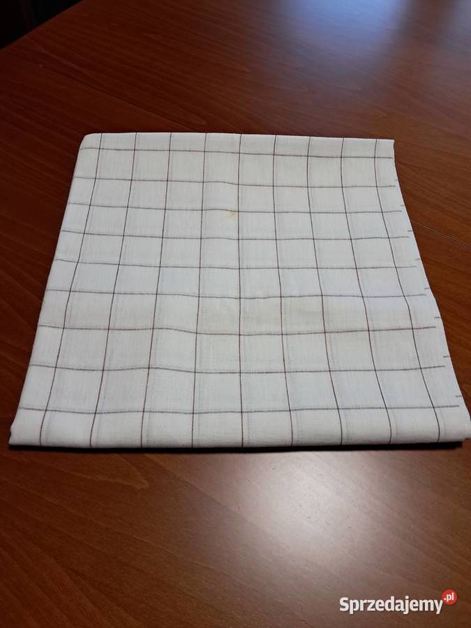 Obrus lniany biały w brązową kratkę 150 x 150 do Kraków