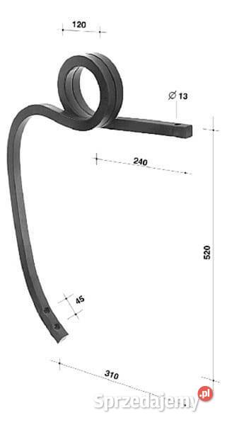 Ząb sprężynowy spiralny 25x25x640 mm prawy bez Kamionna