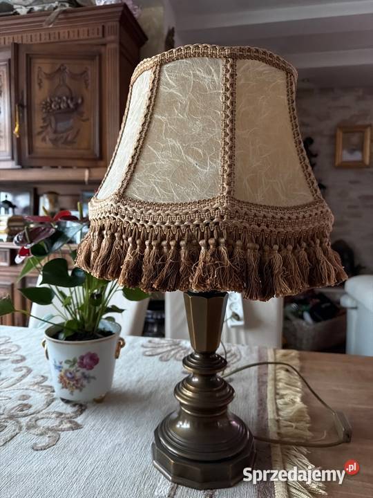 przepiękna mosiężna lampa lampka skórzany abażur