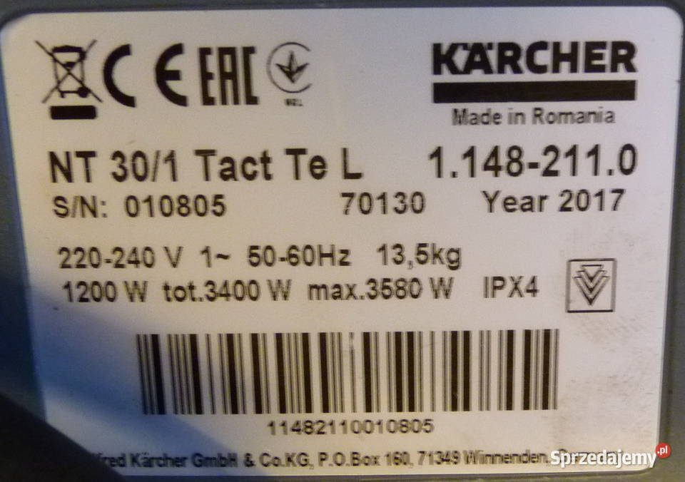 Odkurzacz przemysłowy Karcher Nt 301 Tact Te L Wrocław