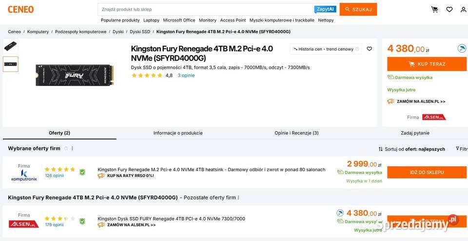 Dysk SSD Kingston Fury Renegade SFYRD4000GB 4TB Pojemność > 3000 małopolskie Tarnów sprzedam