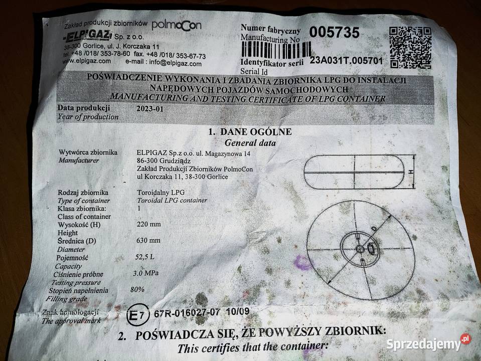 Butla zbiornik LPG 630mmx220mm 525L 2033r