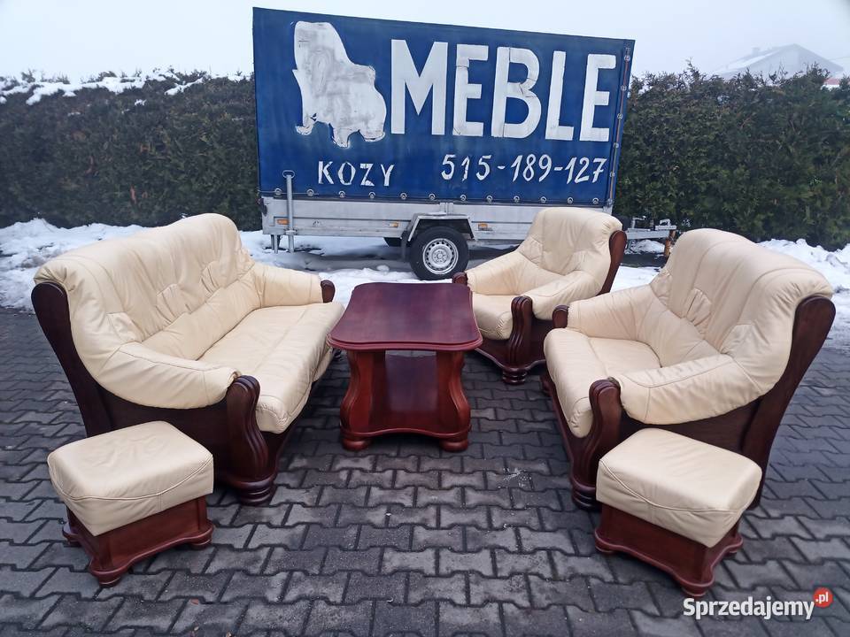 Komplet Rozkładany CREAM 3+2+1 i 2X Pufa i Ława , Dąb - skóra Krem
