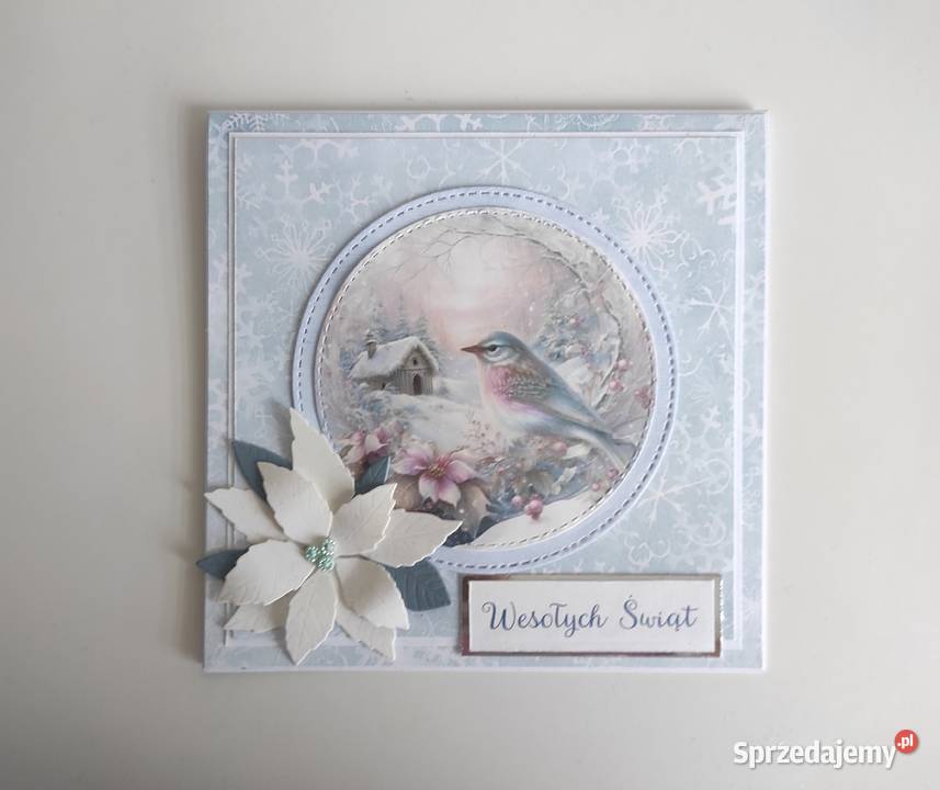 Kartka ręcznie robiona Boże Narodzenie ptaszek łódzkie Łódź