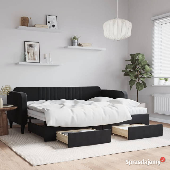 Sofa rozsuwana z szufladami czarna aksamit