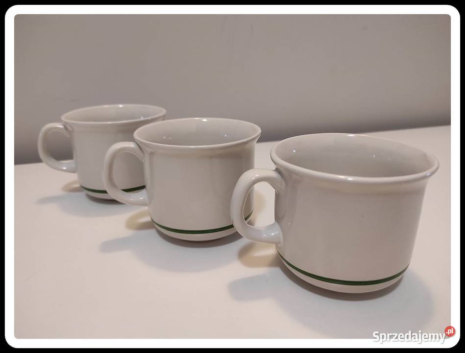 TUŁOWICE 3 filiżanki białe z zielonym paskiem Płock