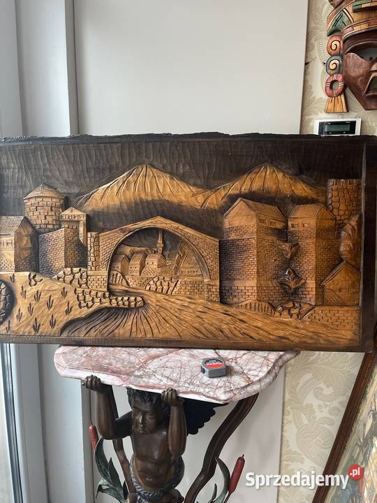 Rękodzieło obraz rzeźbiony na deskach relief Bystrzyca Kłodzka