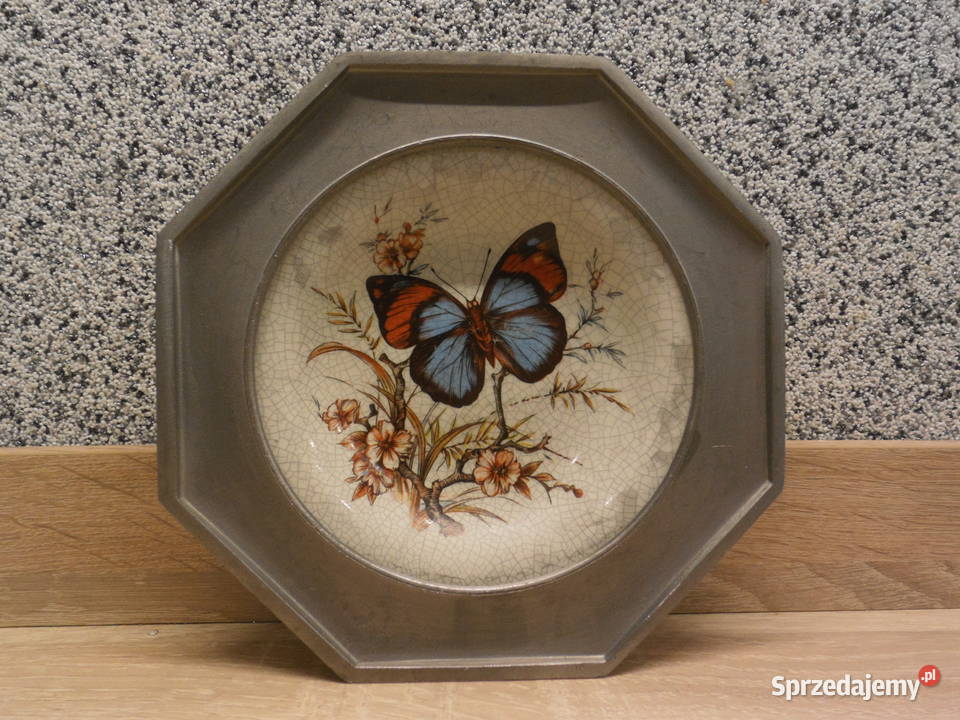 Ceramiczny talerz w oprawie cynowej sprzedam