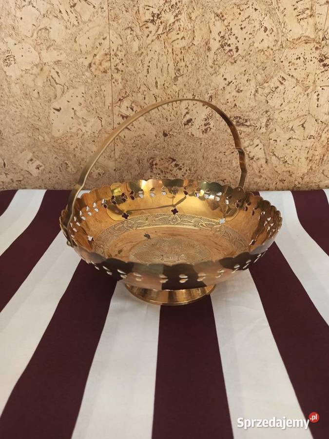 Stara patera mosiężna koszyk mosiądz Made In Porcelana i szkło wielkopolskie Ostrów Wielkopolski