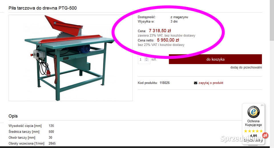 Stołowa pilarka tarczowa PTG500 nowa kosztuje Bochnia