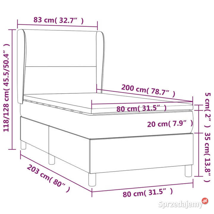 Łóżko z Materacem Kontynentalne Czarne Ekoskóra 203cm