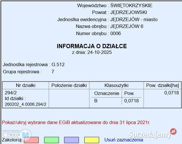 sprzedaży gruntu 718m2 Jędrzejów Sprzedaż