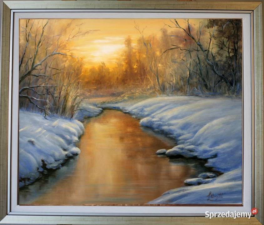 Zima Zachód Słońcaręcznie malowany obraz olejnyL Nowy Sącz