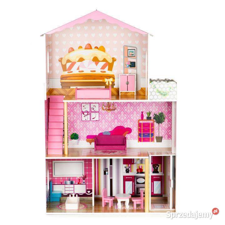 Drewniany domek lalek z windą meble ECOTOYS