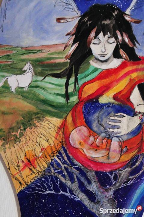 Duży anioł malowany akrylami na drewnie ANIOŁ Katowice