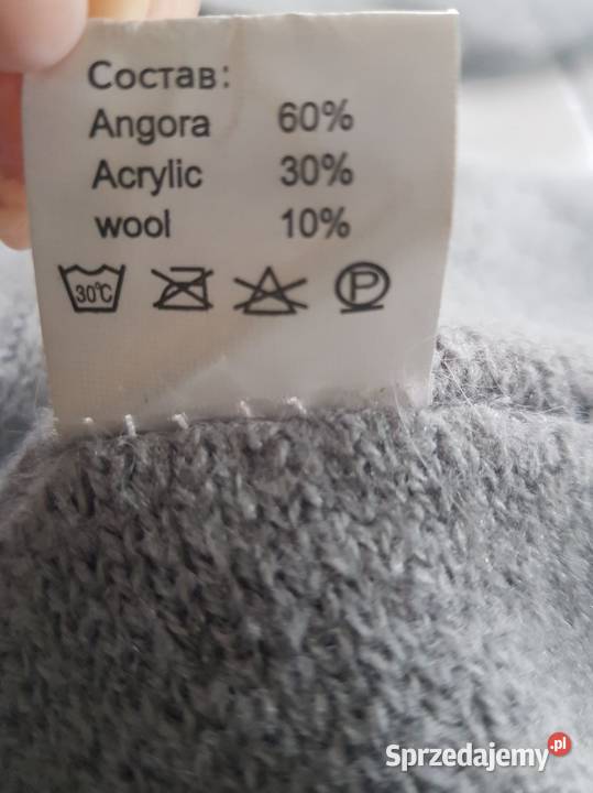 wełniany płaszcz czapka z angory szary wiązany