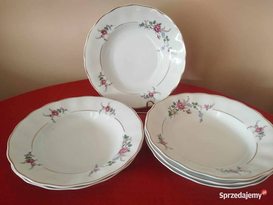 Komplet Pięknych 6 Talerzy Głębokich Piwonie Porcelana i szkło Wałbrzych