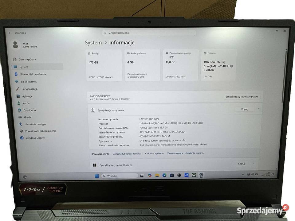 Laptop Asus TUF Gaming F15 Elbląg