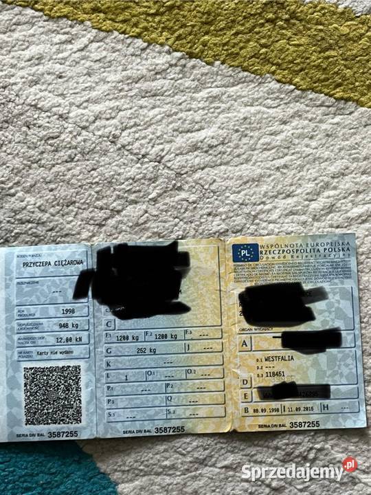 Przyczepka Westfalia z dokumentami Rok produkcji 1998