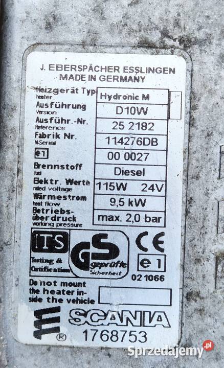 Webasto SCANIA wodne ogrzewanie HYDRONIC 1722532 Ogrzewanie postojowe Zawichost
