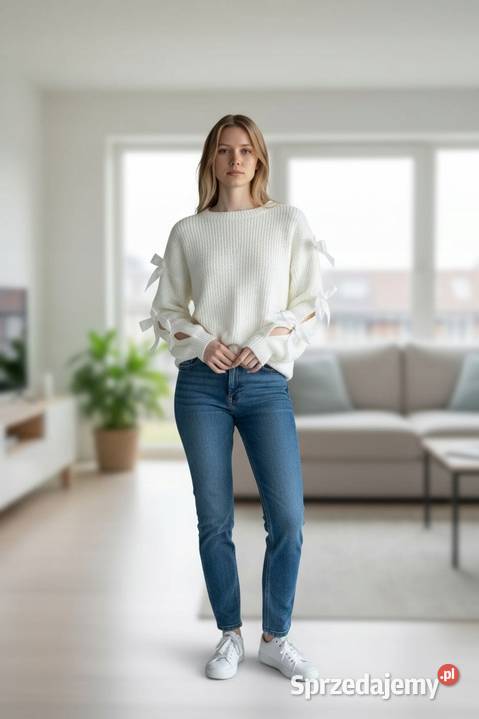 Gruby sweter damski oversize kokardki biały sprzedam