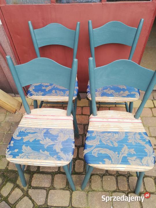 4 Krzesła drewniane, błękit, obicie materiałowe