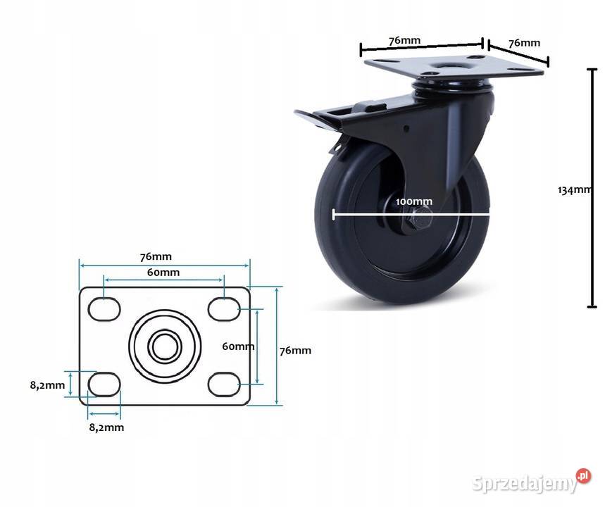 Zestaw 4 Kół Obrotowych Hamulec 100mm360 Guma Kozienice