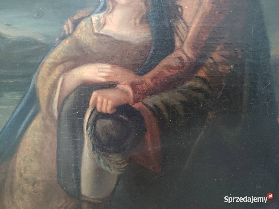 Piękny obraz olejny scena rodzajowa Łódź