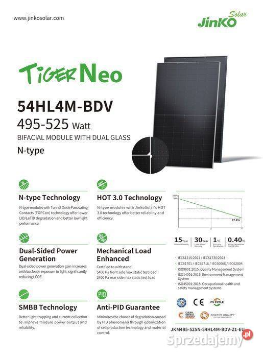 JINKO Solar 510W 54HL4MBDV Panele fotowoltaiczne małopolskie sprzedam