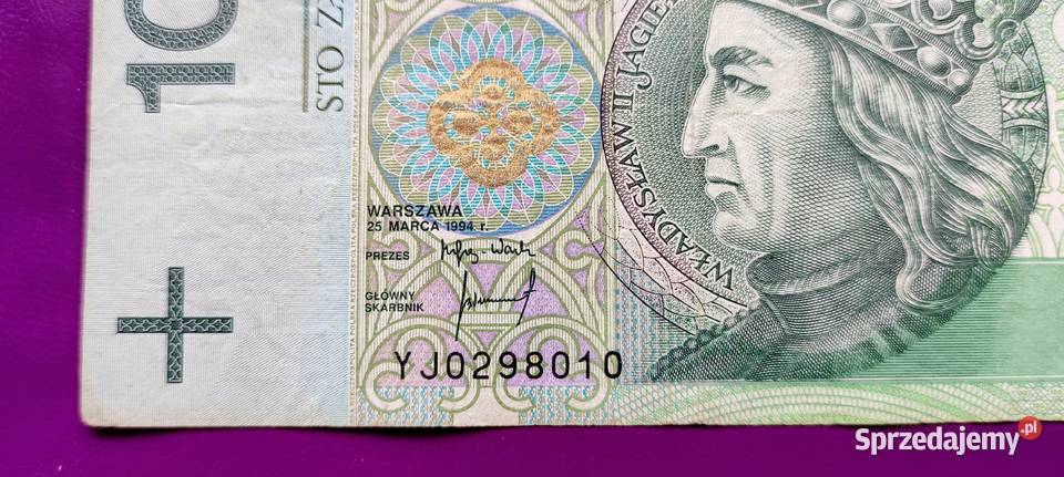 Banknot 100 1994 seria YJ Zastępcza seria 12 Pruszków sprzedam