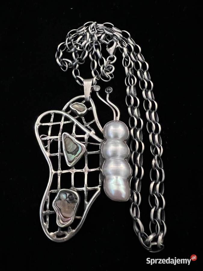 Srebrny wisior broszka motyl perły akwamaryn mazowieckie Warszawa