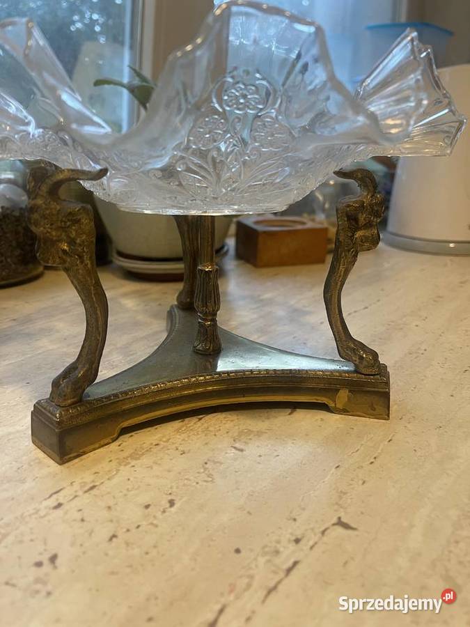 Patera z kozłami mosiądz secesja szkło z Antyki łódzkie Łódź