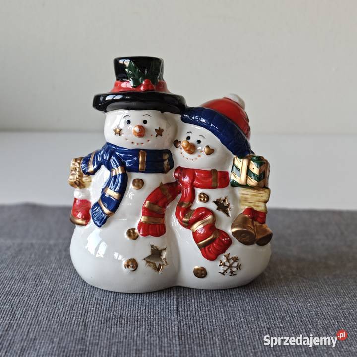 Ceramiczny świecznik lampion DWA BAŁWANKI ozdoba wielokolorowy Boże Narodzenie