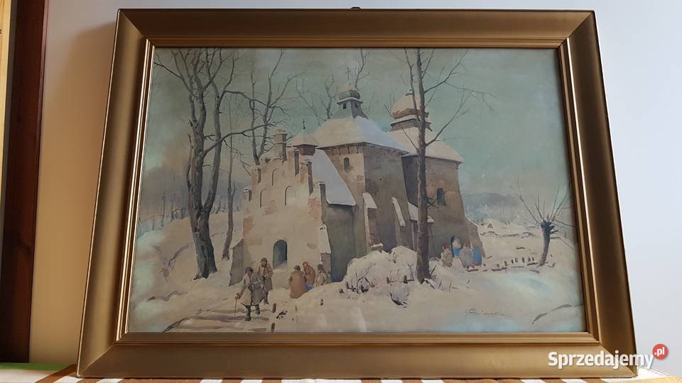 Stary duży obraz akwarela sygnowana S Gibiński Dąbrowa Górnicza