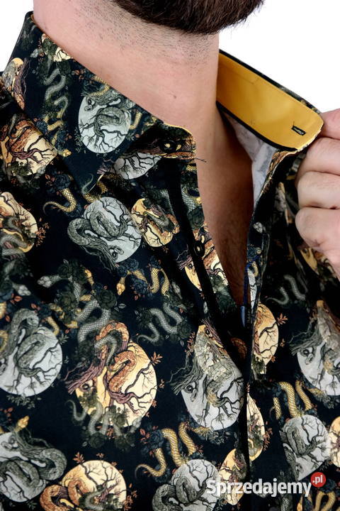 DANIEL BESSI Koszula Męska Fb068 Czarna Wąż Róże Odzież codzienna wielkopolskie