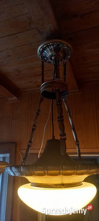 Stara wisząca lampa z mosiądzu duży klosz ampla łódzkie Skierniewice