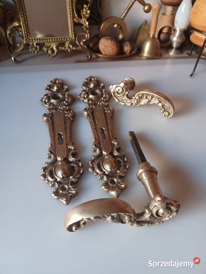 Komplet pięknych mosiężnych starych klamek i Poznań