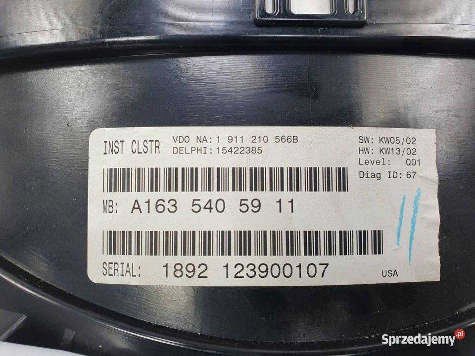 LICZNIK ZEGAR MERCEDES ML W163 A1635405911 Pozostałe Lipno