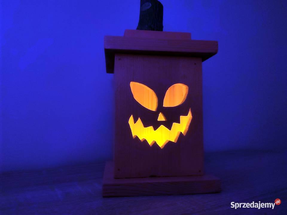 Lampion Halloween Jackolantern drewniany pomarańczowy