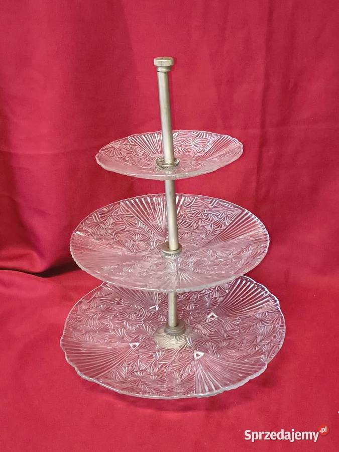 Trójpoziomowa patera szklana etażerka vintage Chorzew
