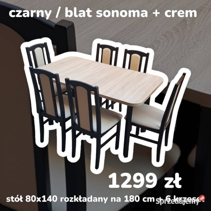 Nowe: Stół 80x140/180 + 6 krzeseł, czarny/sonoma + crem